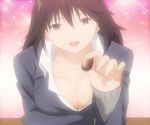  breasts chocolate cleavage gradient gradient_background hatsukoi_limited open_mouth screencap solo stitched yamamoto_misaki 