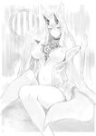  absurdres animal_ears blush breasts choker cleavage collarbone fox_ears fox_tail greyscale highres horns huge_breasts looking_at_viewer monochrome navel nipples off_shoulder open_clothes open_robe original ricci robe sitting smile solo tail 
