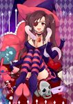  amo_(rnrkrn) argyle boots breasts brown_hair cleavage convenient_leg erlenmeyer_flask eyepatch frilled_pillow frills hat heart heart-shaped_pupils heart_pillow highres jewelry large_breasts letter love_letter love_potion open_mouth original pendant pillow potion red_eyes scissors skull snake solo striped striped_legwear stuffed_animal stuffed_toy symbol-shaped_pupils teeth thighhighs thread twintails vial witch_hat 