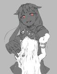  bad_id bad_pixiv_id cannon dress greyscale hair_flaps hair_ornament hair_ribbon hairclip holding holding_hair holding_weapon horns kantai_collection long_hair mittens monochrome multiple_girls nemubusoku northern_ocean_hime open_mouth pale_skin red_eyes remodel_(kantai_collection) ribbon school_uniform serafuku shinkaisei-kan simple_background sleeveless smile weapon white_skin yuudachi_(kantai_collection) 