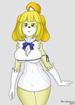  2015 animal_crossing big_breasts breasts cleavage clothed clothing cosplay danmachi female gloves hestia_(danmachi) isabelle_(animal_crossing) marukomuru nintendo plain_background ribbons solo standing video_games 