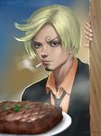  bad_id bad_pixiv_id black_eyes blonde_hair cigarette eyebrows facial_hair food formal goatee gohpot highres male_focus mustache necktie one_piece realistic sanji signature smoking solo steak steam suit tray watermark web_address wood 