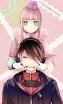  1girl accessory_(freedom_wars) bangs blunt_bangs copyright_name freedom_wars garrison_cap green_eyes hair_over_one_eye hat headphones jacket looking_at_viewer mouth_pull pink_hair star star-shaped_pupils sweatdrop symbol-shaped_pupils thi_fure togabito walkie-talkie 