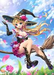  arm_garter artist_request blonde_hair blue_eyes breasts brooch broom broom_riding cleavage cloud cloudy_sky cross-laced_footwear day flower gloves hat jewelry large_breasts long_hair million_arthur_(series) open_mouth original pendant petals rose sidesaddle sky smile solo witch witch_hat 