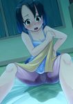  1girl bare_shoulders bed bedroom bedwetting black_hair blanket blush breasts cameltoe camisole cleavage collarbone eyelashes green_eyes holding on_bed open_mouth peeing peeing_self short_hair shorts solo spread_legs sweat tears window 