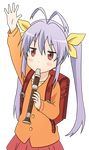  backpack bag blush blush_stickers ironanjuu long_hair miyauchi_renge non_non_biyori purple_hair randoseru recorder red_eyes school_uniform simple_background skirt twintails waving white_background 