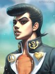  anchor_symbol bad_id bad_pixiv_id black_eyes black_hair gakuran gohpot heart higashikata_jousuke highres jojo_no_kimyou_na_bouken male_focus peace_symbol pompadour realistic school_uniform shiny signature solo upper_body watermark web_address zipper 