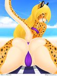  2015 anthro beach bikini blonde_hair blush butt camel_toe cheetah clothing evov1 feline female hair long_tail mammal mihari pose sea seaside solo swimsuit water yellow_eyes 