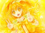  blonde_hair blush bow choker cure_peace double_v dress eyelashes hair_flaps hair_ornament happy kise_yayoi long_hair looking_at_viewer magical_girl open_mouth ponytail precure ribbon shiroma_(mamiko) skirt smile smile_precure! solo v wrist_cuffs yellow yellow_background yellow_bow yellow_dress yellow_eyes yellow_skirt 