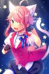  :3 ahoge animal_ears cat_ears cat_tail ensemble_stars! fuji_minako gloves green_eyes himemiya_touri male_focus one_eye_closed open_mouth paw_pose pink_hair ribbon school_uniform shorts sidelocks sky smile solo sparkle star star_(sky) starry_sky tail 