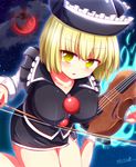  bad_id bad_pixiv_id banned_artist bent_over blonde_hair bow_(instrument) breasts cloud hat instrument kisaragi_zwei large_breasts long_sleeves looking_at_viewer lunasa_prismriver moon red_moon shirt signature skirt skirt_set sky solo star_(sky) starry_sky touhou vest violin yellow_eyes 