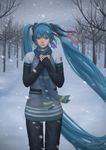  bad_id bad_pixiv_id blue_eyes blue_hair blurry depth_of_field earmuffs gohpot hair_ribbon hands_on_own_chest hatsune_miku highres long_hair realistic ribbon scarf signature smile snow snowing solo sweater tree twintails very_long_hair vocaloid watermark web_address 