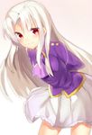  ascot fate/stay_night fate_(series) frilled_skirt frills gradient gradient_background illyasviel_von_einzbern long_hair looking_at_viewer purple_shirt red_eyes shirt skirt smile solo suurin_(ksyaro) white_hair 