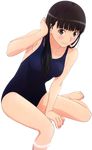  amagami ayatsuji_tsukasa barefoot black_hair extraction grey_eyes hand_in_hair highres long_hair long_legs looking_at_viewer one-piece_swimsuit school_swimsuit solo swimsuit transparent_background wet 