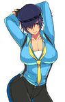  arms_up blue_eyes blue_hair blue_shirt breasts cabbie_hat cleavage cowboy_shot eroe fingerless_gloves gloves hat highres large_breasts long_sleeves necktie persona persona_4 persona_4:_dancing_all_night persona_dancing revision shirogane_naoto shirt short_hair simple_background solo suspenders white_background yellow_neckwear 