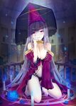  amo_(rnrkrn) babydoll between_breasts blue_flower blue_rose breasts candle flower gold hat highres kneeling lace large_breasts long_hair looking_at_viewer magic_circle nail_polish naughty_face open_mouth original panties petals purple_hair rose solo underwear veil very_long_hair wizard_hat 