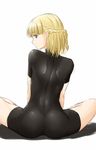  ass back bangs blonde_hair blue_eyes blunt_bangs bodysuit braid french_braid from_behind highres indian_style looking_at_viewer looking_back niwatazumi open_mouth original profile shadow shiny shiny_clothes short_hair short_sleeves simple_background sitting sketch skin_tight solo spread_legs turtleneck white_background 