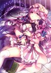  absurdres bed blue_eyes blush book breasts cleavage crescent garter_straps hat highres large_breasts long_hair looking_at_viewer lying masaru.jp on_back patchouli_knowledge pillow purple_eyes purple_hair solo thighhighs touhou white_legwear 