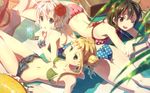  ass beach bikini blonde_hair blue_eyes brown_eyes brown_hair dimples_of_venus double_bun flower frills green_eyes hair_ornament hair_over_shoulder hibiscus long_hair looking_at_viewer low_ponytail lying multiple_girls one_eye_closed original ponytail short_hair shorts smile swimsuit white_hair yuuki_tatsuya 