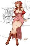  aerith_gainsborough areola_slip areolae basket bow braid breasts brown_hair cleavage commentary_request cropped_jacket crossed_legs dress final_fantasy final_fantasy_vii flower green_eyes hair_ribbon large_breasts legs long_hair long_legs looking_at_viewer misasagi_tasuku naughty_face pink_bow pink_dress prostitution ribbon single_braid sitting smile solo thighs translated 