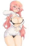  black_bra black_panties blush bra breasts embarrassed glasses kogaku_kazuya large_breasts long_hair lucky_star meme_attire open-chest_sweater panties pink_hair purple_eyes ribbed_sweater solo sweater takara_miyuki underwear 