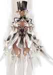  absurdres breasts cleavage dark_elf dark_skin elbow_gloves elf gloves grey_eyes hat highres holding holding_sword holding_weapon knight large_breasts looking_at_viewer original pointy_ears ricci smile solo sword thighhighs weapon white_gloves white_hair white_legwear 