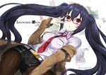  adjusting_eyewear belt between_breasts black_hair black_legwear breasts cosplay dress_shirt glasses imai_asami jacket legwear_under_shorts long_hair makise_kurisu makise_kurisu_(cosplay) medium_breasts necktie necktie_between_breasts neptune_(series) noire off_shoulder open_mouth pantyhose red-framed_eyewear red_eyes red_neckwear seiyuu_connection shiitake_urimo shirt shorts solo steins;gate title_parody twintails twitter_username very_long_hair 