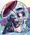  animal_ears black_legwear blue_eyes blue_hair blurry depth_of_field dress floral_background flower fox_ears fox_girl fox_tail hair_ornament hand_on_own_thigh highres hydrangea kittona knee_up layered_dress light_smile long_hair looking_at_viewer multiple_tails oriental_umbrella original reclining sidelocks solo strap_slip tail thighhighs trigram umbrella very_long_hair window yin_yang 