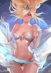  bare_shoulders barefoot blonde_hair blue_eyes breasts chromatic_aberration circlet curvy elbow_gloves floating_hair gloves hair_over_one_eye highres instant_ip janna_windforce large_breasts league_of_legends light_smile long_hair midriff navel solo thigh_gap thighs white_gloves wide_hips wind 