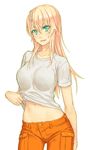  aqua_eyes blonde_hair full_body groin long_hair mustard_seeds navel original pants shirt shirt_lift simple_background solo white_background white_shirt yuuji_(and) 