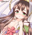  blush breasts brown_hair clenched_hands green_eyes headdress japanese_clothes kimono kushinada_(p&amp;d) long_hair marshmallow_mille medium_breasts open_clothes puzzle_&amp;_dragons ribbon_trim solo sweat tearing_up twitter_username 