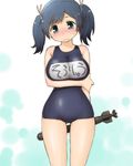  blue_hair blush breast_hold breasts green_eyes hair_ribbon japan_maritime_self-defense_force japan_self-defense_force kantai_collection kogaku_kazuya large_breasts military name_tag old_school_swimsuit one-piece_swimsuit ribbon school_swimsuit short_hair solo souryuu_(jmsdf) souryuu_(kantai_collection) swimsuit torpedo twintails 