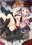  armpits black_cat breasts cake cat chocolate_cake cleavage crescent flower food fork frilled_skirt frills hakuda_tofu highres large_breasts looking_at_viewer lying million_arthur_(series) on_back open_mouth original pancake pink_hair purple_eyes rose skirt solo syrup 