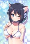  ;) animal_ears bikini black_hair blue_eyes blush bob_cut bow breasts cat_ears choker cleavage closed_mouth front-tie_top hair_bow large_breasts looking_at_viewer mauve one_eye_closed original short_hair smile solo swimsuit upper_body 
