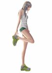  bare_shoulders breasts fingernails full_body green_footwear hand_on_foot legs long_legs looking_at_viewer medium_breasts nike no_socks open_mouth original red_eyes shiny shiny_skin shiraha_(pixiv10239953) shirt shoes short_shorts shorts silver_hair simple_background sleeveless sneakers solo standing standing_on_one_leg stretch tank_top white_background white_shirt 