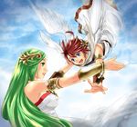  1girl ahoge blue_eyes bracer breasts brown_hair gauntlets green_eyes green_hair highres imminent_hug jewelry karasuma_pink kid_icarus kid_icarus_uprising large_breasts long_hair necklace outstretched_arms palutena pit_(kid_icarus) smile tiara 