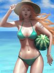  adjusting_clothes adjusting_hat bad_id bad_pixiv_id bangs bikini blue_eyes blue_sky bracelet breasts cowboy_shot day food fruit gohpot hat highres horizon jewelry large_breasts long_hair nami_(one_piece) navel ocean one_piece open_mouth realistic red_hair shade shiny signature sky solo straw_hat swimsuit tattoo watermark watermelon web_address wet 