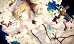  ahoge artoria_pendragon_(all) bare_shoulders blonde_hair bow caliburn detached_sleeves dress fate/stay_night fate/unlimited_codes fate_(series) flower gloves green_eyes hachini hair_bow lily_(flower) ponytail saber saber_lily solo sword weapon 