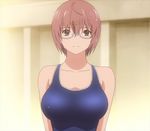  bare_shoulders breasts brown_eyes brown_hair female glasses gradient gradient_background hair_ornament hatsukoi_limited large_breasts looking_at_viewer screencap short_hair smile solo stitched swimsuit watase_meguru 