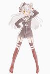  ;d agu amatsukaze_(kantai_collection) fang full_body garter_straps hand_on_hip hat kantai_collection long_hair looking_at_viewer one_eye_closed open_mouth red_legwear school_uniform serafuku silver_hair simple_background smile solo thighhighs two_side_up v white_background 
