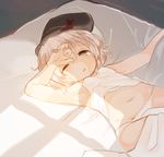  ;o blue_eyes groin hand_on_own_head light lying navel okayu_(headless) on_back one_eye_closed panties sanya_v_litvyak short_hair silver_hair solo strike_witches underwear waking_up white_panties world_witches_series 