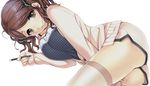  amagami ass bed between_legs breasts brown_eyes brown_hair cleavage extraction hair_ribbon hand_between_legs highres large_breasts looking_at_viewer lying nakata_sae on_side pen ribbon smile solo sumeragi_kohaku sweater thighhighs thighs transparent_background twintails white_legwear 