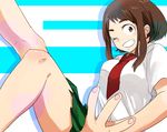  ;) bad_id bad_pixiv_id boku_no_hero_academia brown_eyes brown_hair green_skirt grin necktie one_eye_closed pleated_skirt shirt short_hair short_sleeves sidelocks skirt smile solo uraraka_ochako white_shirt yagiushi_(sinnpatilove) 