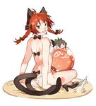  animal_ears arm_support bad_source ball bare_shoulders beachball bikini cat_ears fang from_behind indian_style jpeg_artifacts kaenbyou_rin long_hair looking_at_viewer looking_back multiple_tails red_hair reiuji_utsuho sitting smile solo starshadowmagician swimsuit tail touhou white_background white_bikini 
