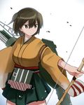  arrow bow_(weapon) brown_eyes brown_hair green_skirt hiryuu_(kantai_collection) holding holding_weapon japanese_clothes kantai_collection kinosaki_(green_patio) long_sleeves one_side_up pleated_skirt quiver short_hair skirt solo weapon wide_sleeves 