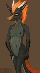  anthro belly breasts claws dragon female furrycandyshop green_scales hair horn ivyora long_ears looking_at_viewer markings navel nipples nude orange_hair orange_scales plain_background pussy scalie solo standing 
