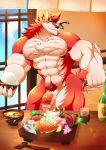  anthro balls beverage body_hair canine chest_hair daikitei food headband humanoid_penis looking_at_viewer male mammal muscular muscular_male nude pecs penis pubes smile solo standing sushi uncut vein 