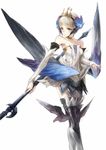  absurdres bare_shoulders blue_eyes collarbone commentary_request crown detached_sleeves greaves gwendolyn highres odin_sphere polearm ricci short_hair silver_hair simple_background solo spear weapon white_background wings 