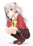  bangs blue_eyes blush charlotte_(anime) commentary_request hair_between_eyes hyuuga_azuri long_hair looking_at_viewer pleated_skirt school_uniform serafuku silver_hair simple_background skirt solo squatting tomori_nao two_side_up 