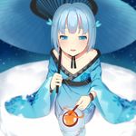  ayakashi_hyakkiyakou bad_id bad_pixiv_id blue_eyes blue_hair blush eyebrows fire hair_ornament itose_ikuto japanese_clothes kimono lantern looking_at_viewer open_mouth oriental_umbrella original short_hair smile snow solo umbrella yuki_onna 